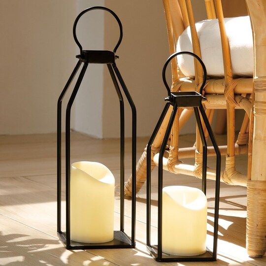 Citrus; Modern Farmhouse Lantern Decor, 15'' 13'' Set of 2 Black Metal Lanterns, 2 LED 6hr Timer Flickering Flameless Candles, Lanterns Decorative for Outdoor Decor; Category:Candle Lanterns; Image:1